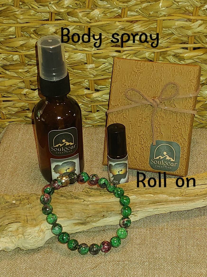 BUNDLE JOY KIT crystals and essential oil blend,ruby zoisite bracelet,essential oil body/room spray,genuine crystal bracelet