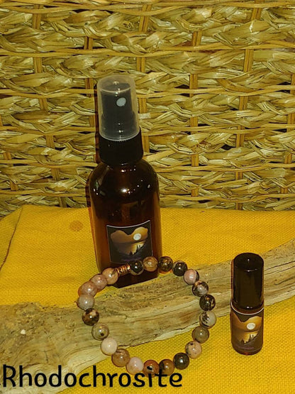 BUNDLE FORGIVENESS KIT Essential oil and crystal bundle, meditation and prayer tools,rhodochrosite crystal 8mm bracelet,therapeutic body roll on