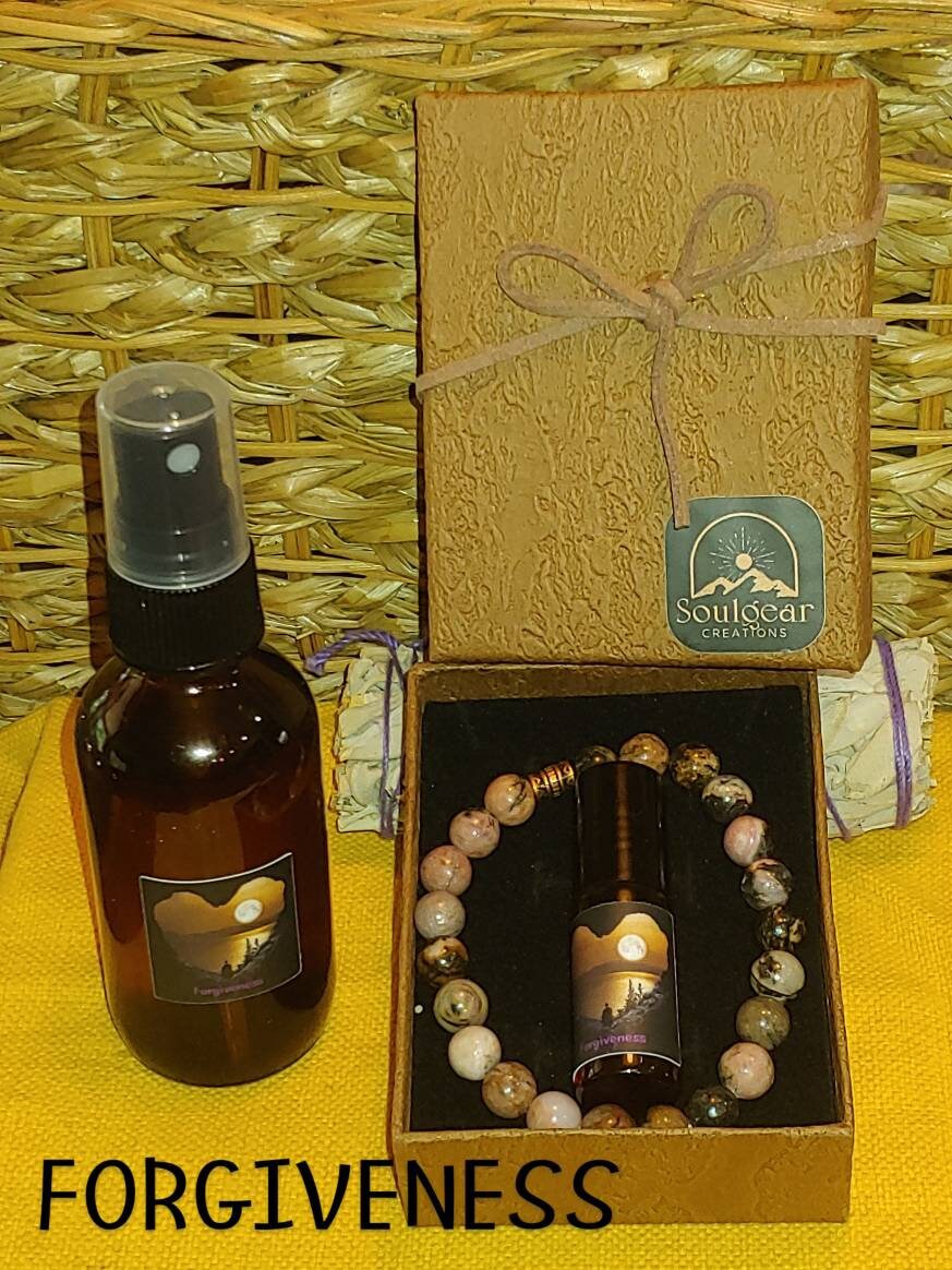 BUNDLE FORGIVENESS KIT Essential oil and crystal bundle, meditation and prayer tools,rhodochrosite crystal 8mm bracelet,therapeutic body roll on