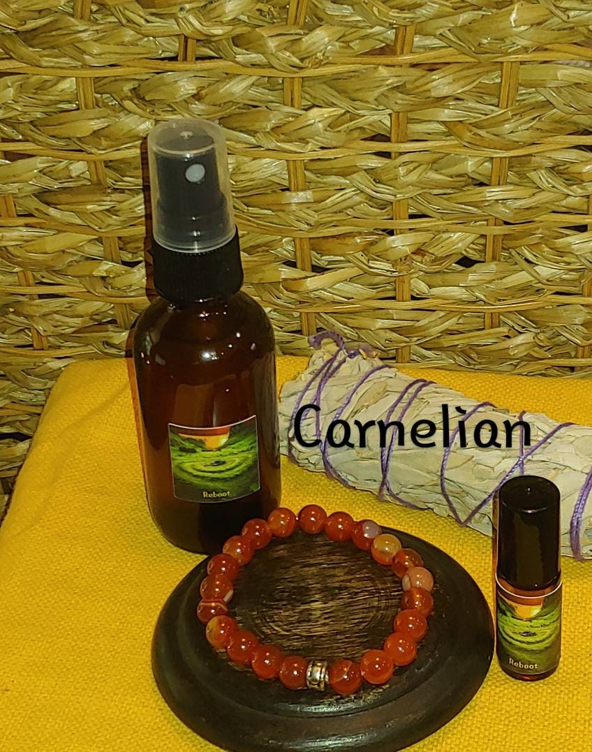 BUNDLE RE-BOOT KIT Energy bundle genuine Carnelian bracelet essential oil roll on and spray,8mm crystal bracelet,essential oil body roll on and room spray