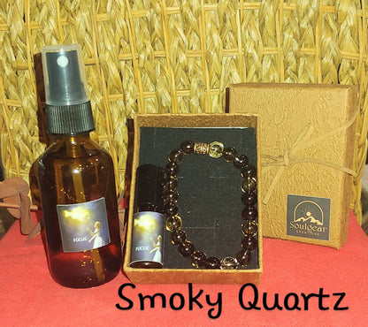 BUNDLE FOCUS KIT Essential oil crystals for focus smokey quartz genuine gemstone bracelet.