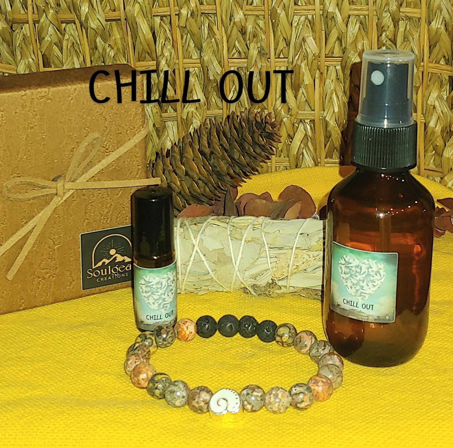 BUNDLE CHILL OUT KIT Genuine crystal bracelet and essential oil anger diffusing set, Leopard skin Jasper 8mm beads, calming essential oil blend set