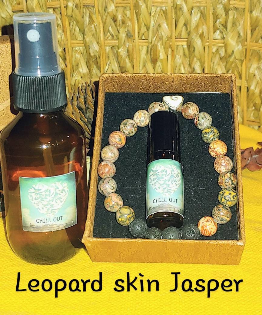 BUNDLE CHILL OUT KIT Genuine crystal bracelet and essential oil anger diffusing set, Leopard skin Jasper 8mm beads, calming essential oil blend set