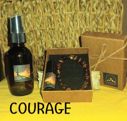 BUNDLE COURAGE KIT energy bundle essential oil blend and tiger eye 8mm crystal bracelet,essential oil body spray,