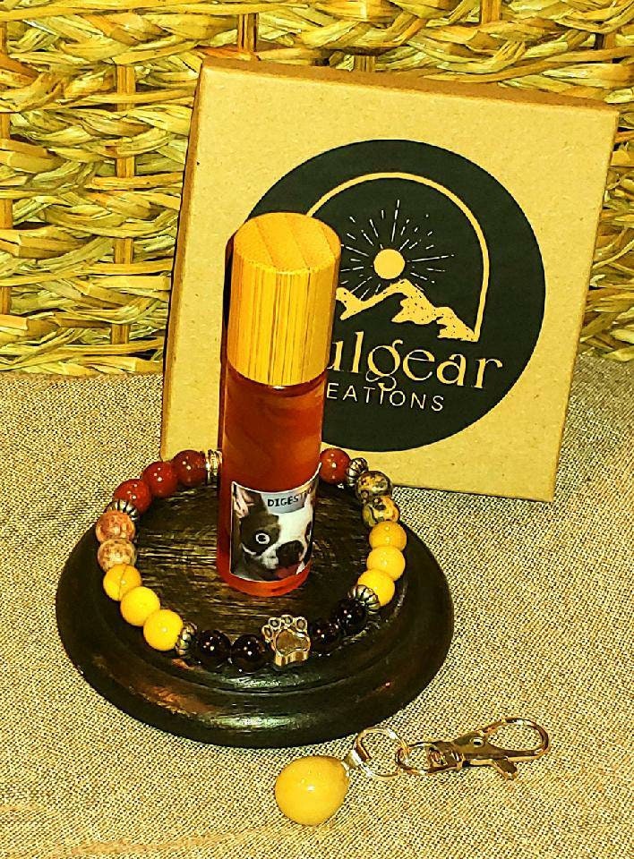 DOGS RULE! PET DIGESTION Healing Gemstone set- Mookaite, Leopardskin Jasper, Smoky Quartz bracelet, Quartz Pendant & Gingerroot oil for your dog