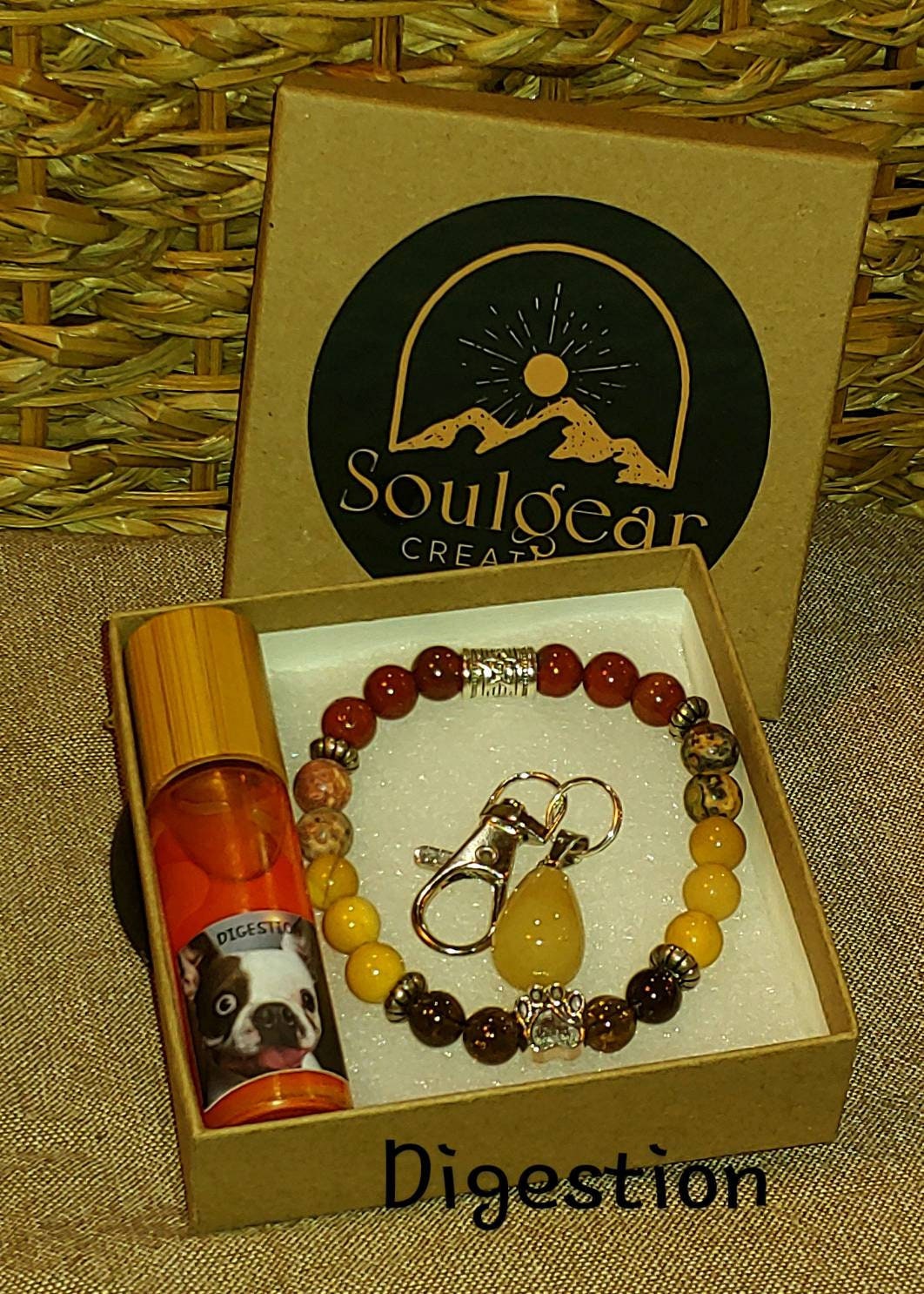 DOGS RULE! PET DIGESTION Healing Gemstone set- Mookaite, Leopardskin Jasper, Smoky Quartz bracelet, Quartz Pendant & Gingerroot oil for your dog