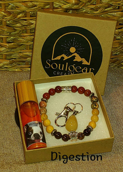 DOGS RULE! PET DIGESTION Healing Gemstone set- Mookaite, Leopardskin Jasper, Smoky Quartz bracelet, Quartz Pendant & Gingerroot oil for your dog