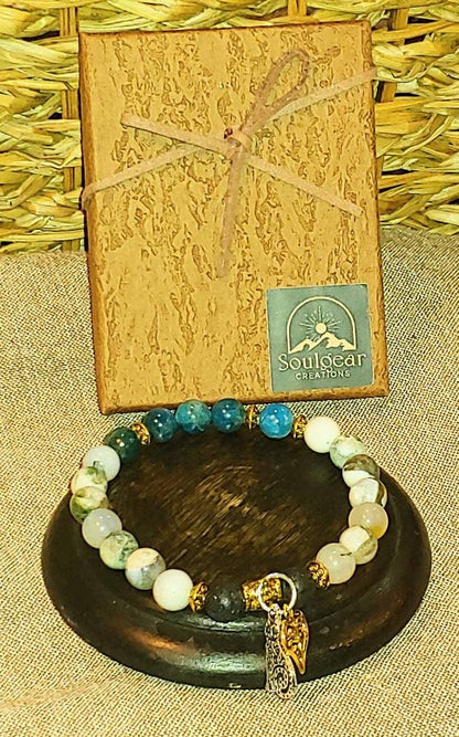 GEMSTONE CALMING 8mm bracelet,apatite ,tree agate,womans charm bracelet,