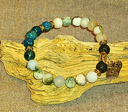 GEMSTONE CALMING 8mm bracelet,apatite ,tree agate,womans charm bracelet,