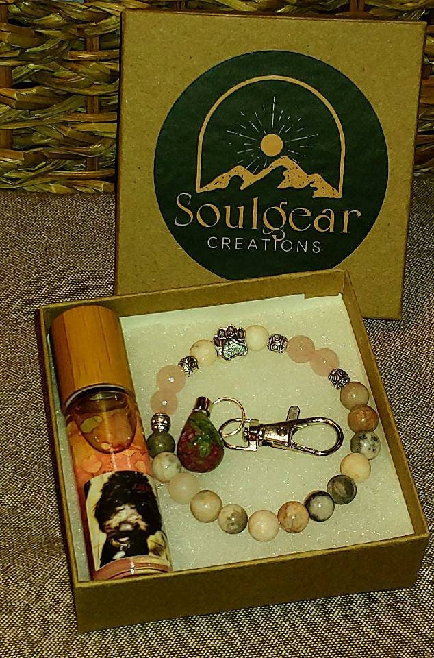 DOGS RULE! PET CALM/ANXIETY Healing Gemstone set- Zebra Jasper, Rose Quart bracelet w/Ruby Zoisite pendant & calming Valerian oil for your dog