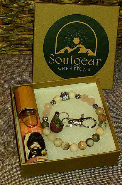 DOGS RULE! PET CALM/ANXIETY Healing Gemstone set- Zebra Jasper, Rose Quart bracelet w/Ruby Zoisite pendant & calming Valerian oil for your dog