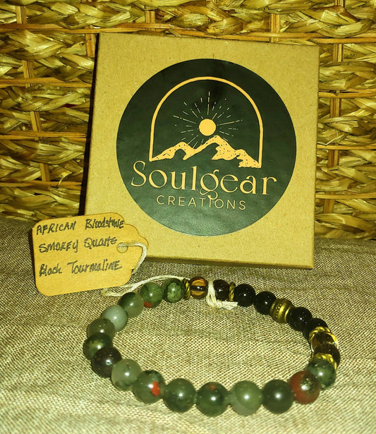 GEMSTONE BODY CLEANSING Unisex crystal bracelet of African Bloodstone, Tourmaline & Smokey Quartz-body cleansing/healing properties