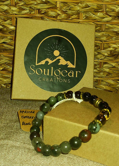 GEMSTONE BODY CLEANSING Unisex crystal bracelet of African Bloodstone, Tourmaline & Smokey Quartz-body cleansing/healing properties