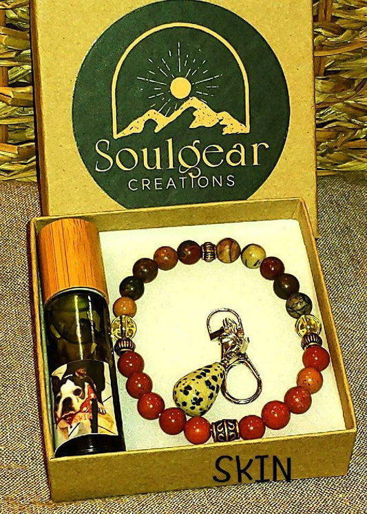 DOGS RULE! PET SKIN Healing  Gemstone set- Picasso/ Red River Jasper & Smoky Quartz bracelet with Dalmation Jasper Pendant,  Frankincense Dog Oil