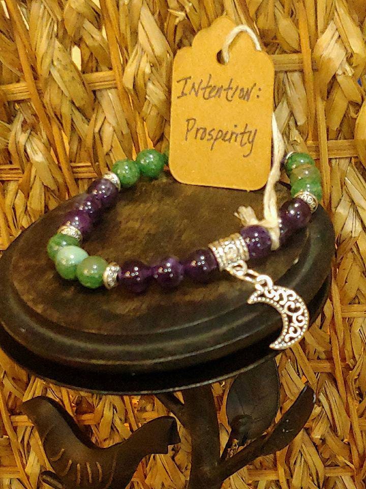 GEMSTONE PROSPERITY Intention Genuine Crystal healing bracelet of  African Emerald & Amethyst - 8mm beads- silver charm and spacers