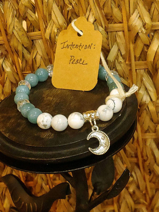 GEMSTONE PEACE Intention Genuine Crystal healing bracelet of Blue Chalcedony & Howlite, 8mm beads, silver new moon charm, clear spacers