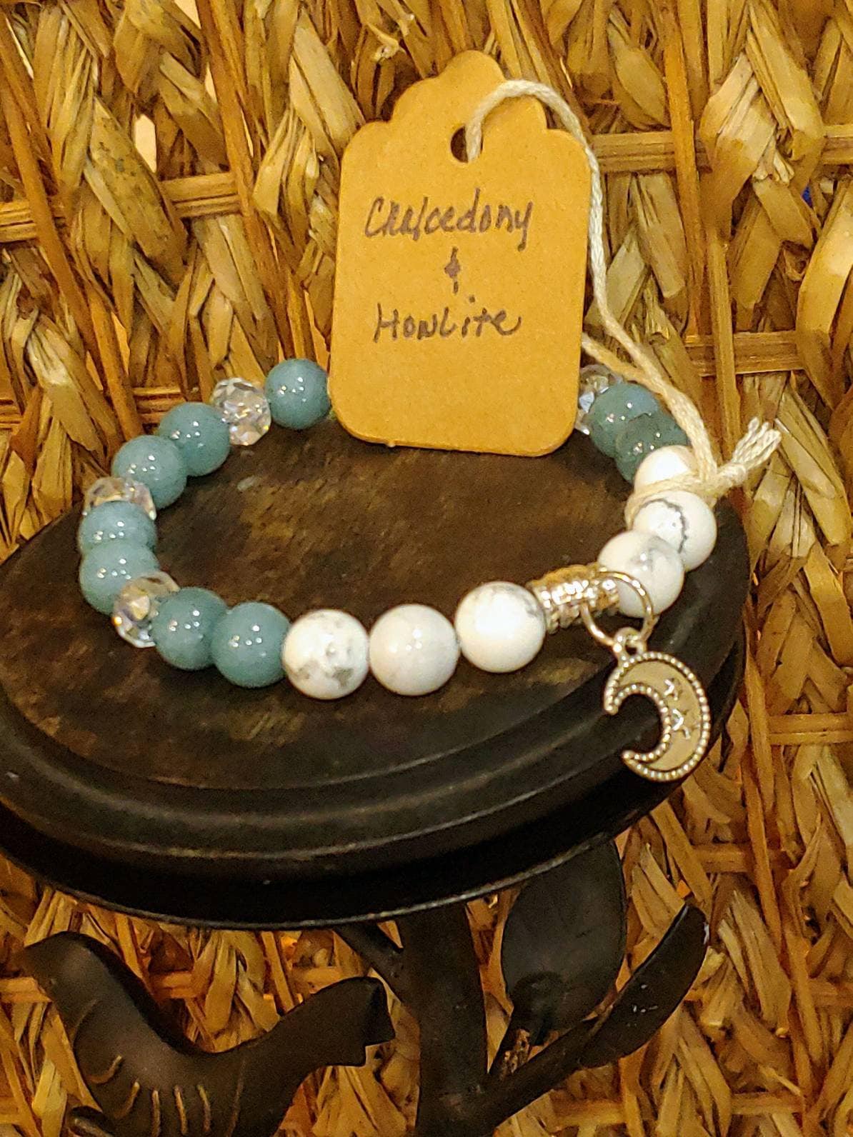 GEMSTONE PEACE Intention Genuine Crystal healing bracelet of Blue Chalcedony & Howlite, 8mm beads, silver new moon charm, clear spacers