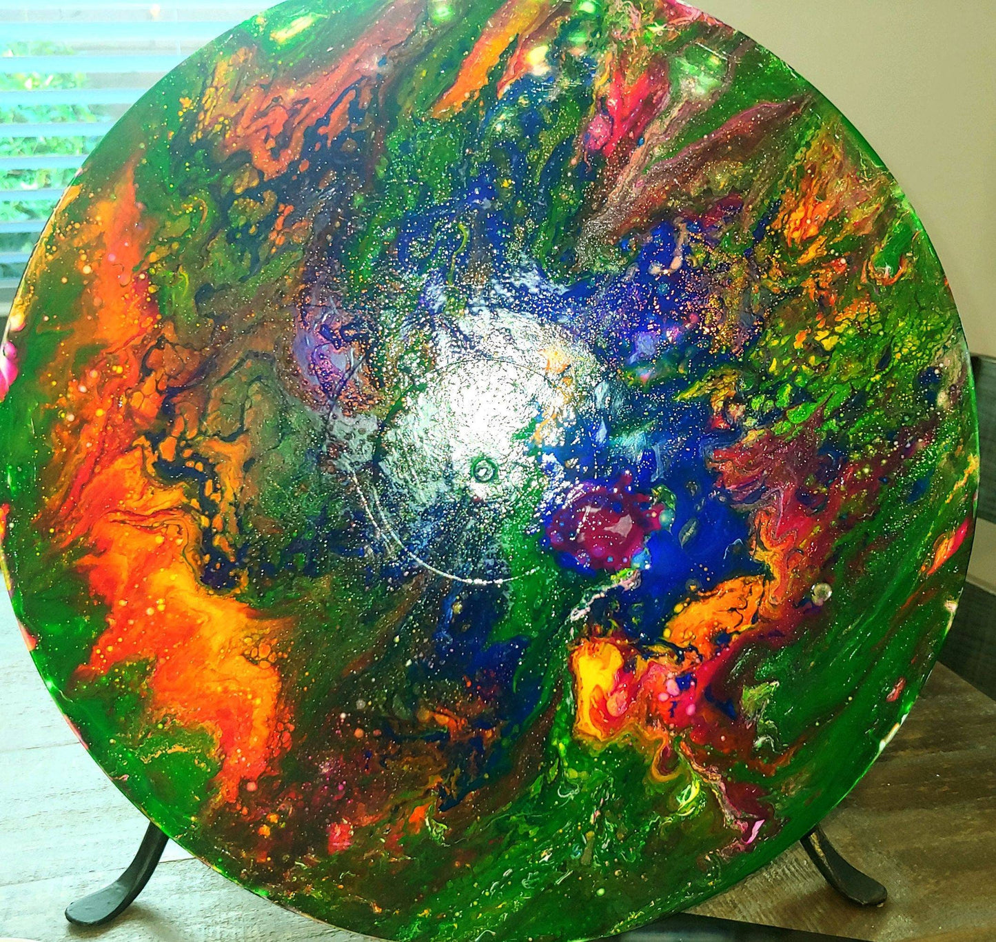 SPIN ART VISUAL ARTWORK Rock & Roll inspired acrylic pour on recycled 33 and 1/3 size vinyl record LP. Great for any wall!