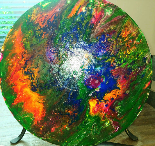 SPIN ART VISUAL ARTWORK Rock & Roll inspired acrylic pour on recycled 33 and 1/3 size vinyl record LP. Great for any wall!