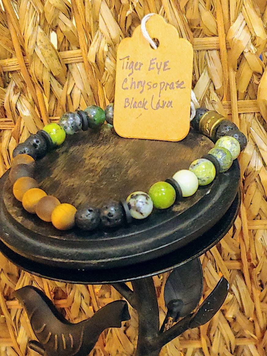 GEMSTONE ENCOURAGEMENT 8mm Bracelet Ancient Stones genuine crystal healing of Chrysoprase & Tiger's Eye, black Lava stone strung w/8mm beads