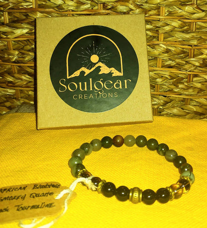 GEMSTONE BODY CLEANSING Unisex crystal bracelet of African Bloodstone, Tourmaline & Smokey Quartz-body cleansing/healing properties