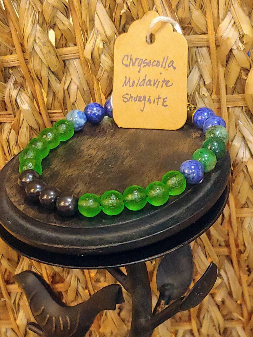 GEMSTONE THE HEALER genuine healing bracelet of Chrysocolla, Moldavite & Shungite, 8mm beads, very ancient stones!