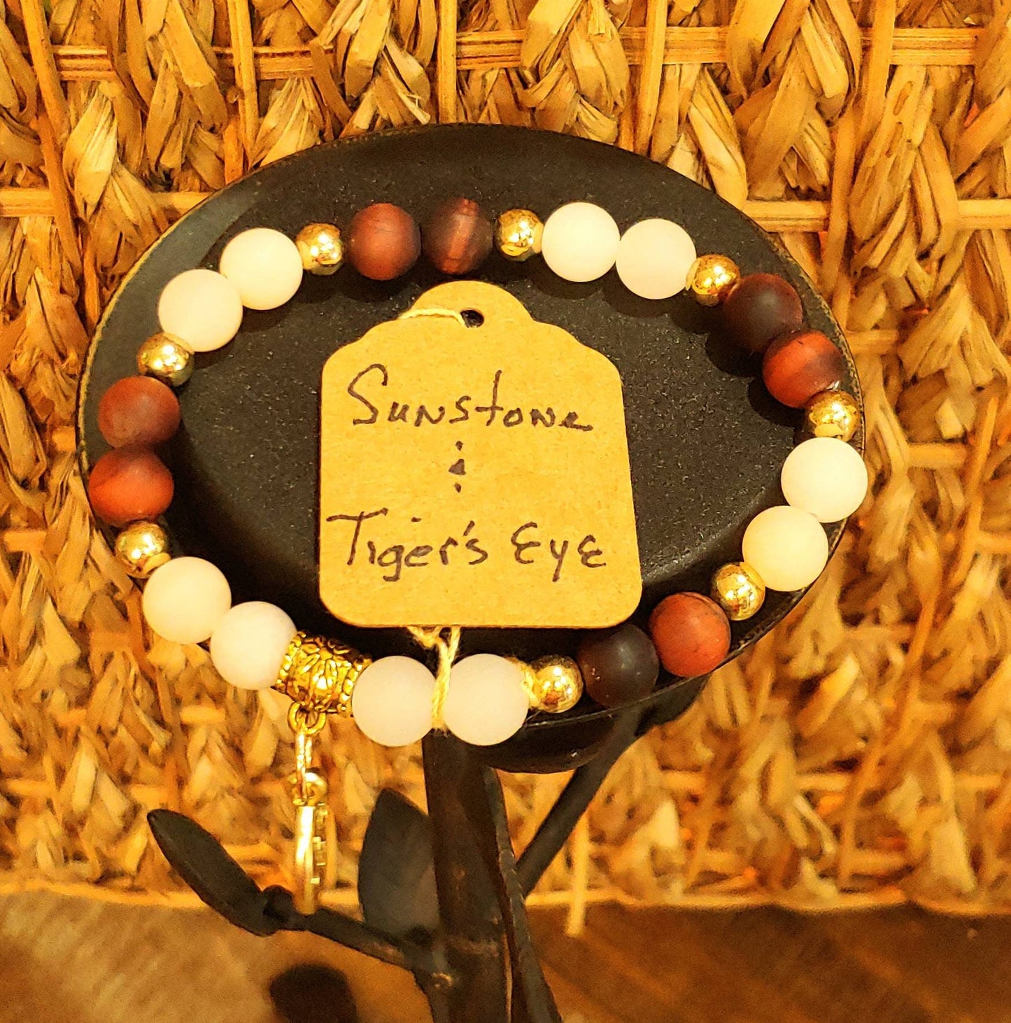 GEMSTONE BRAVERY Intention genuine healing bracelet SET of Tiger's Eye & Sunstone, 8mm beads, gold spacers,Lotus charm, 20 dollars each