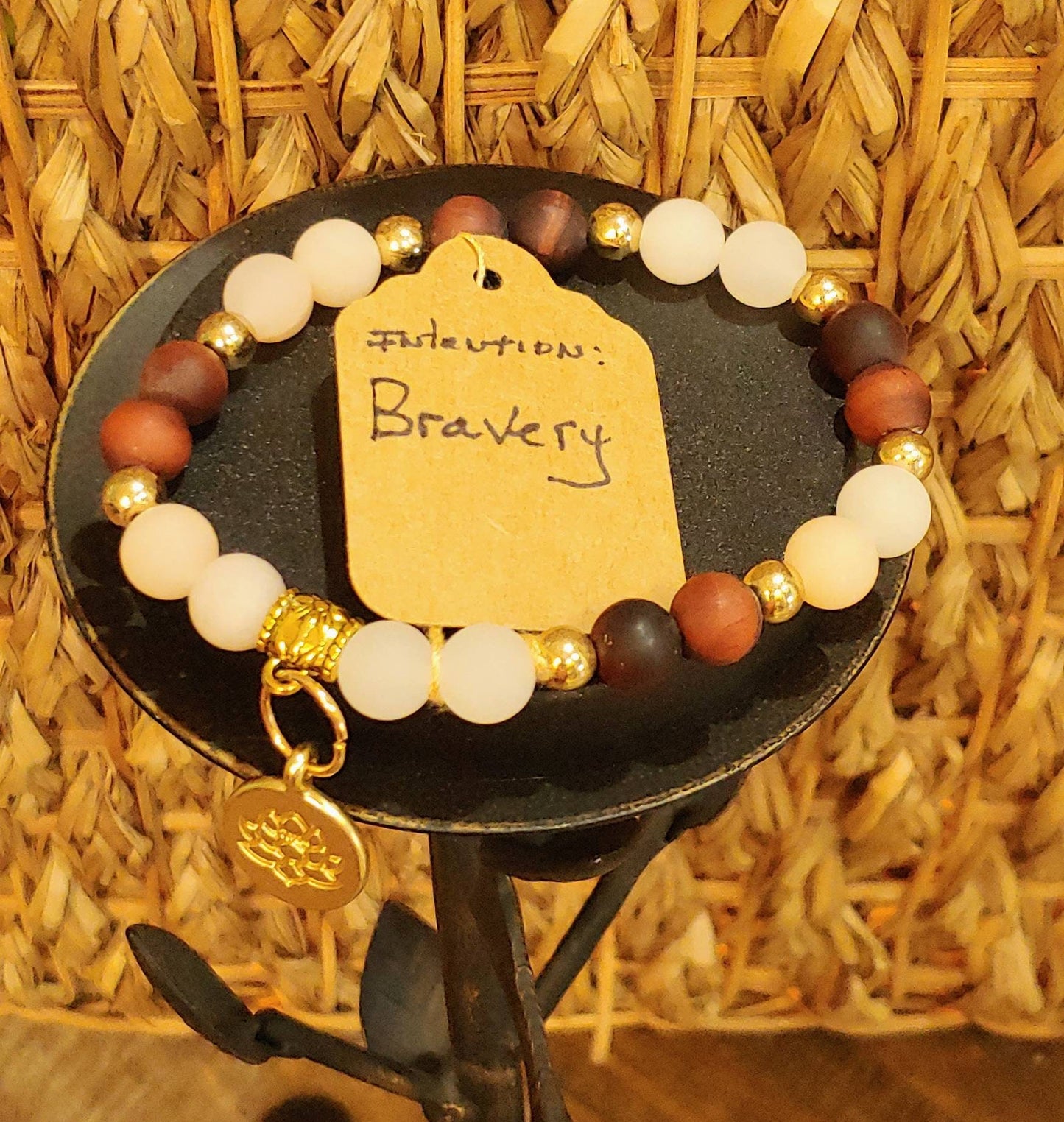 GEMSTONE BRAVERY Intention genuine healing bracelet SET of Tiger's Eye & Sunstone, 8mm beads, gold spacers,Lotus charm, 20 dollars each