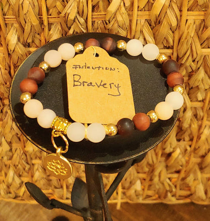 GEMSTONE BRAVERY Intention genuine healing bracelet SET of Tiger's Eye & Sunstone, 8mm beads, gold spacers,Lotus charm, 20 dollars each