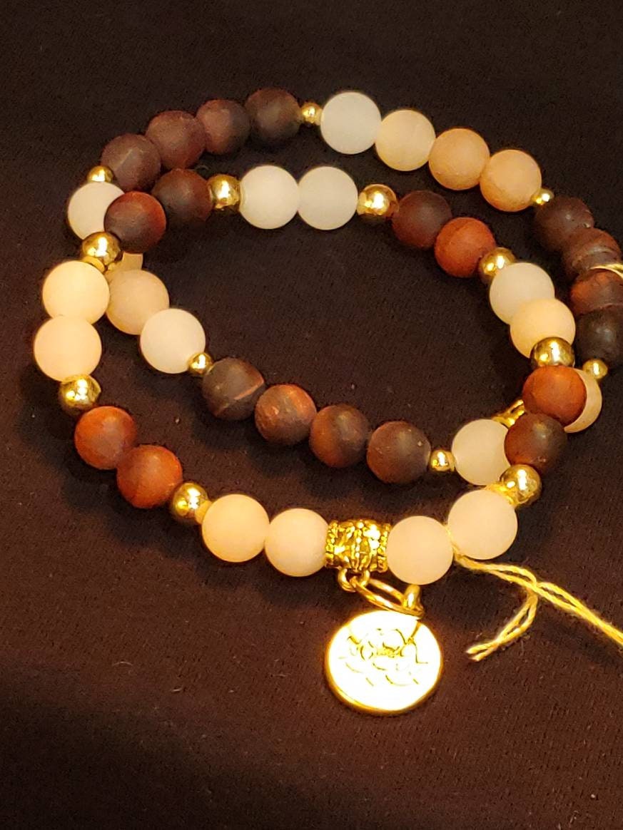 GEMSTONE BRAVERY Intention genuine healing bracelet SET of Tiger's Eye & Sunstone, 8mm beads, gold spacers,Lotus charm, 20 dollars each