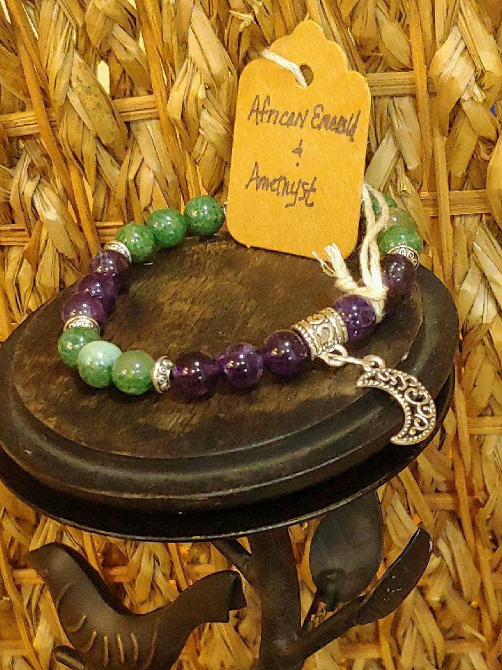 GEMSTONE PROSPERITY Intention Genuine Crystal healing bracelet of  African Emerald & Amethyst - 8mm beads- silver charm and spacers