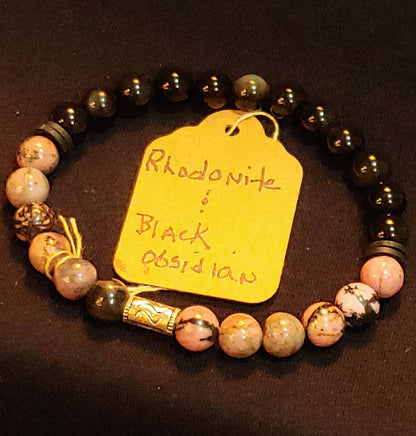 GEMSTONE FORGIVENESS Intention genuine healing bracelet SET with Rhodanite & Black Obsidian, 8mm beads, gold spacers/Lotus-20 dollars each