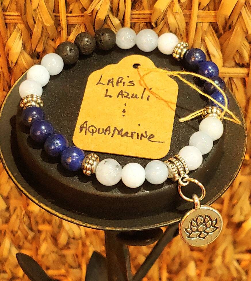 GEMSTONE SPIRITUAL ENLIGHTENMENT genuine healing Gemstone bracelet SET  of Lapis Lazuli & Aquamarine, 8mm, gold spacers/Lotus charm-20 dollars each