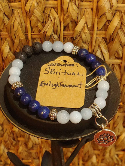 GEMSTONE SPIRITUAL ENLIGHTENMENT genuine healing Gemstone bracelet SET  of Lapis Lazuli & Aquamarine, 8mm, gold spacers/Lotus charm-20 dollars each