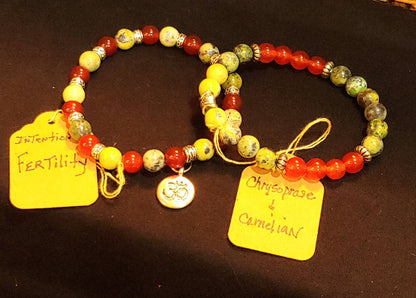 GEMSTONE FERTILITY Intention genuine healing Gemstone bracelet SET of Chrysoprase & Carnelian- 20 dollars each,gold spacers and OHM charm, 8mm beads