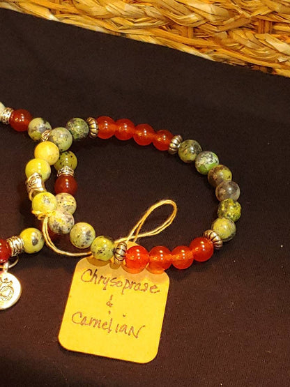 GEMSTONE FERTILITY Intention genuine healing Gemstone bracelet SET of Chrysoprase & Carnelian- 20 dollars each,gold spacers and OHM charm, 8mm beads