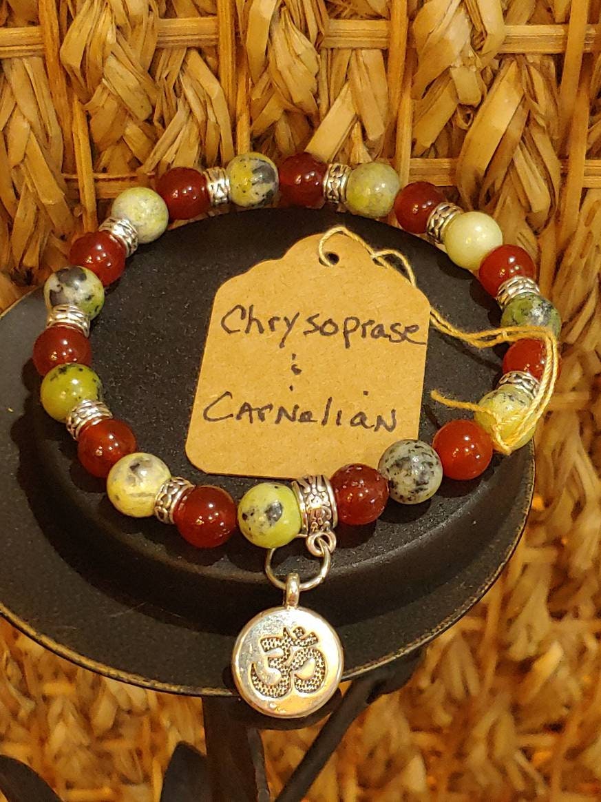 GEMSTONE FERTILITY Intention genuine healing Gemstone bracelet SET of Chrysoprase & Carnelian- 20 dollars each,gold spacers and OHM charm, 8mm beads