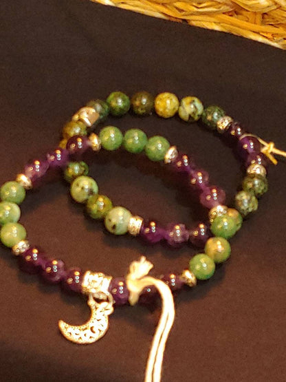 GEMSTONE PROSPERITY Intention Genuine Crystal healing bracelet of  African Emerald & Amethyst - 8mm beads- silver charm and spacers