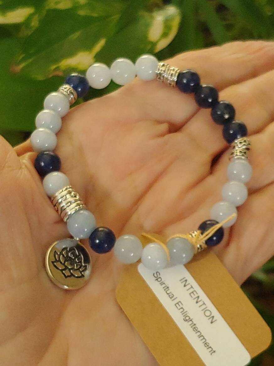 GEMSTONE SPIRITUAL ENLIGHTENMENT genuine healing Gemstone bracelet SET  of Lapis Lazuli & Aquamarine, 8mm, gold spacers/Lotus charm-20 dollars each