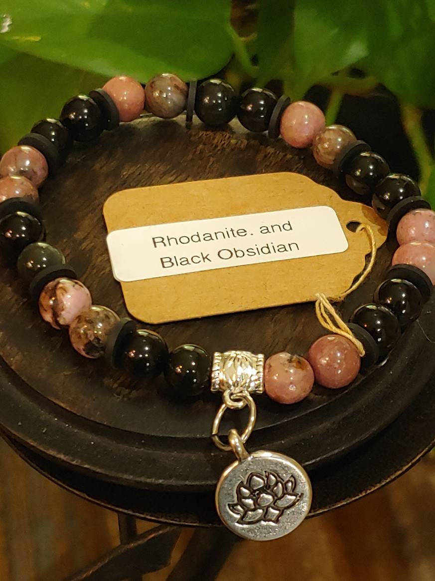 GEMSTONE FORGIVENESS Intention genuine healing bracelet SET with Rhodanite & Black Obsidian, 8mm beads, gold spacers/Lotus-20 dollars each