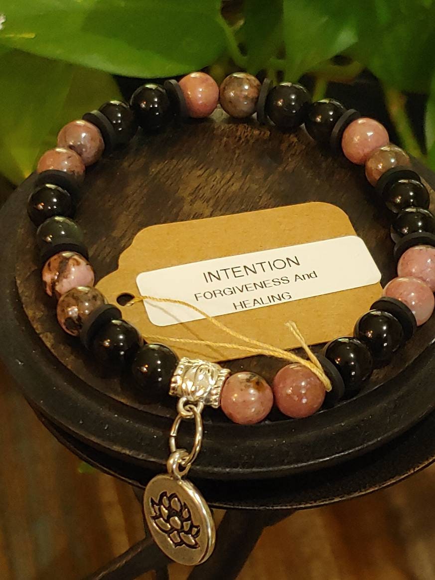 GEMSTONE FORGIVENESS Intention genuine healing bracelet SET with Rhodanite & Black Obsidian, 8mm beads, gold spacers/Lotus-20 dollars each