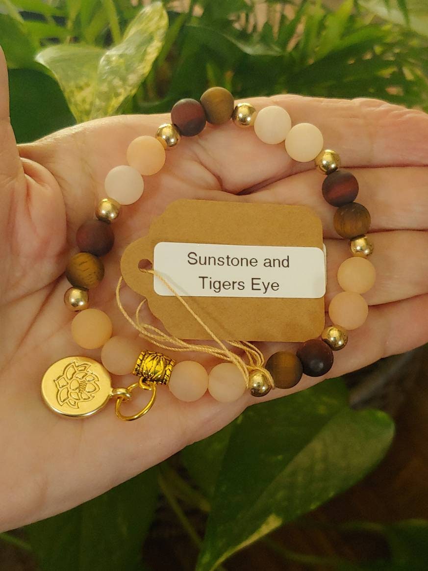 GEMSTONE BRAVERY Intention genuine healing bracelet SET of Tiger's Eye & Sunstone, 8mm beads, gold spacers,Lotus charm, 20 dollars each