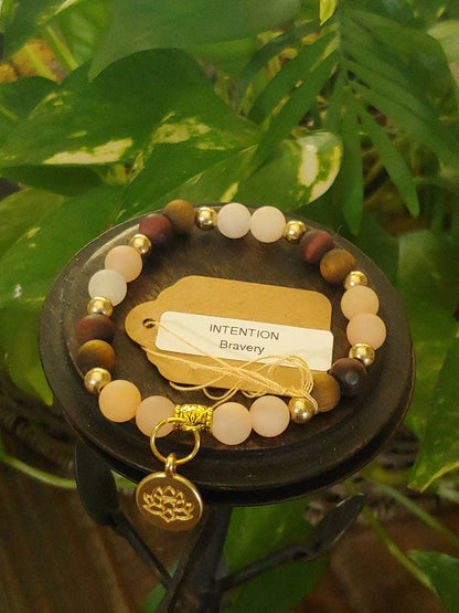 GEMSTONE BRAVERY Intention genuine healing bracelet SET of Tiger's Eye & Sunstone, 8mm beads, gold spacers,Lotus charm, 20 dollars each