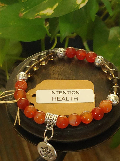 GEMSTONE HEALTH Intention Genuine Crystal healing Gemstone bracelet of Carnelian & Smokey Quartz, 8mm beads, silver spacers and silver new moon charm