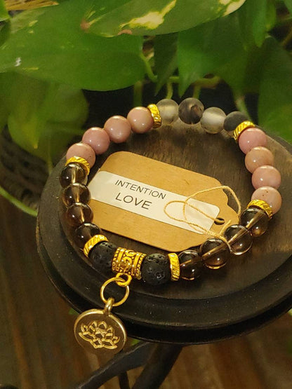 GEMSTONE LOVE Intention Genuine Crystal healing bracelet of Pink Opal & Smokey Quartz, 8mm beads, gold New Moon charm, gold spacers