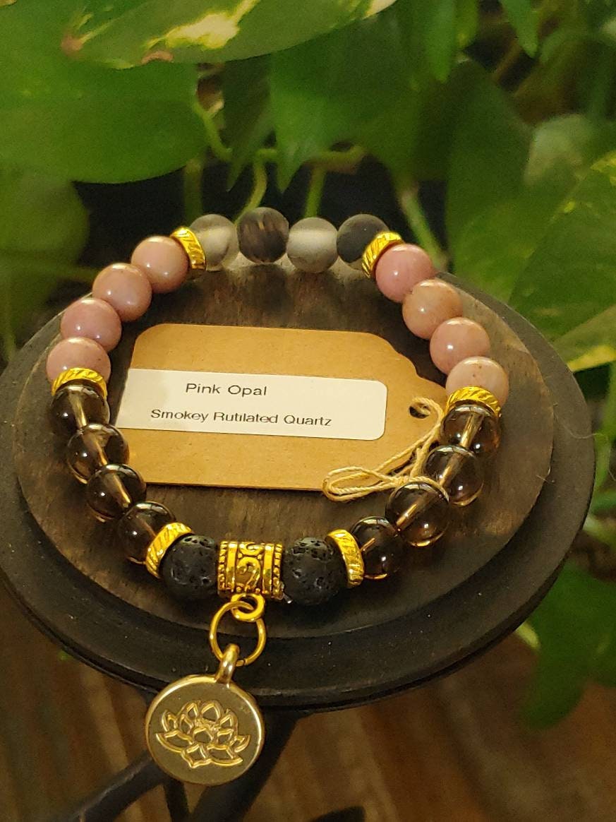 GEMSTONE LOVE Intention Genuine Crystal healing bracelet of Pink Opal & Smokey Quartz, 8mm beads, gold New Moon charm, gold spacers