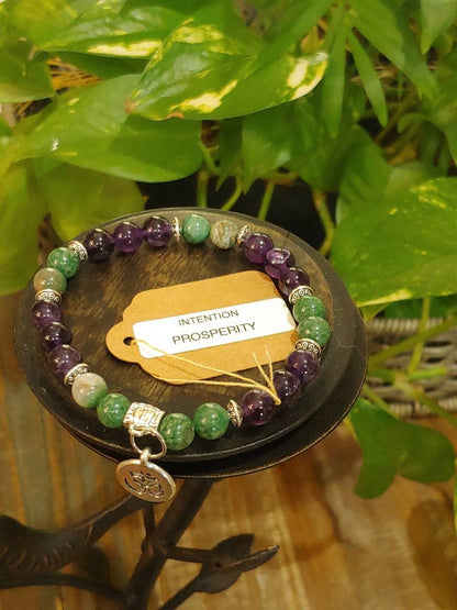 GEMSTONE PROSPERITY Intention Genuine Crystal healing bracelet of  African Emerald & Amethyst - 8mm beads- silver charm and spacers