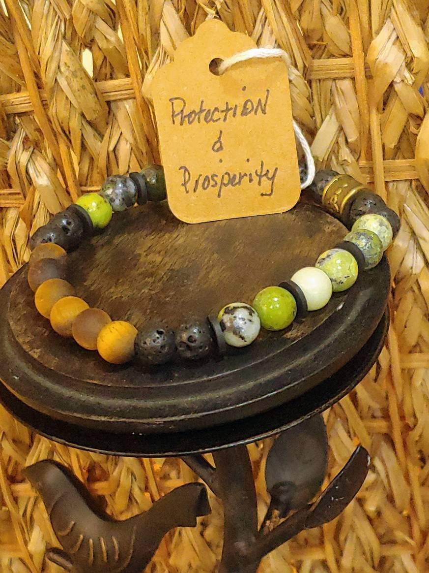 GEMSTONE ENCOURAGEMENT 8mm Bracelet Ancient Stones genuine crystal healing of Chrysoprase & Tiger's Eye, black Lava stone strung w/8mm beads