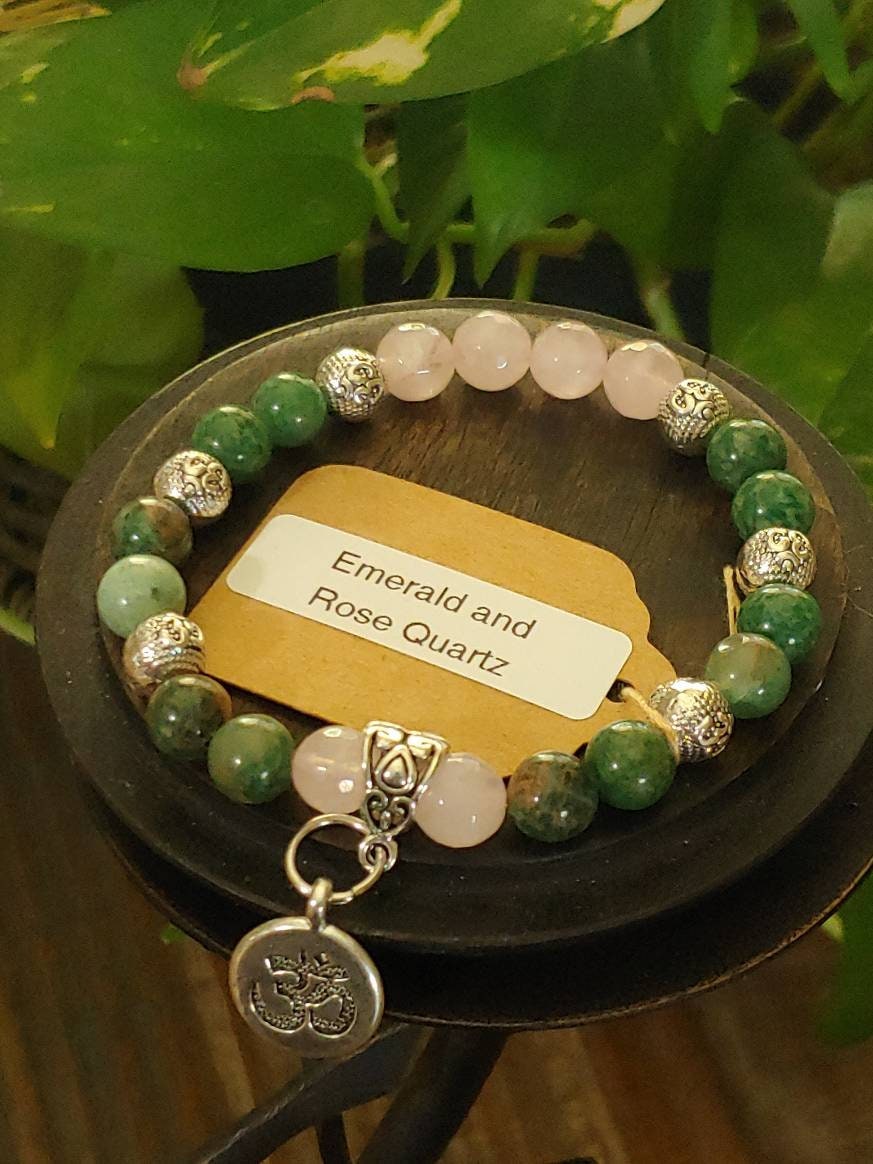 GEMSTONE PATIENCE/UNDERSTANDING Intention genuine healing  bracelet SET of African Emerald & Rose Quartz, 8mm neads, silver spacers,Ohm charm