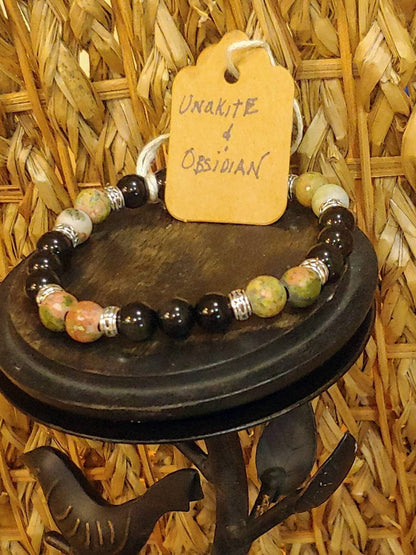 GEMSTONE CARPE DIEM "seize the day" genuine healing  bracelet of Unakite and Obsidian. 8mm beads, silver spacers